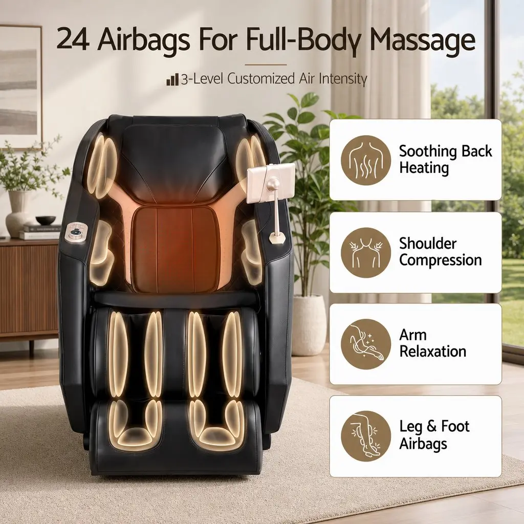 Massage Chair Black Full Body Zero Gravity Recliner with Heat 24 Airbags Foot Massage