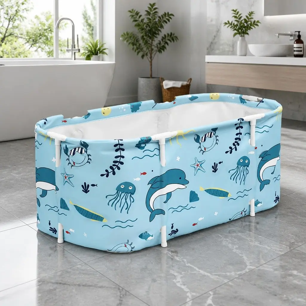 Foldable Bathtub Blue 114x62cm Portable Spa Inflatable Cushion Hot Cold Water