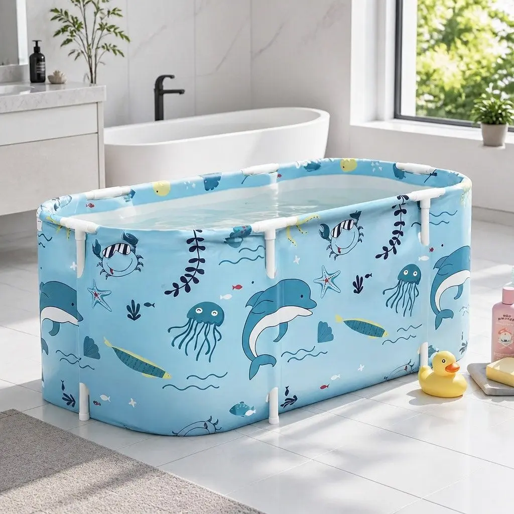 Foldable Bathtub Blue 114x62cm Portable Spa Inflatable Cushion Hot Cold Water
