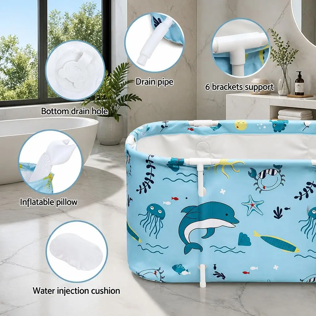 Foldable Bathtub Blue 114x62cm Portable Spa Inflatable Cushion Hot Cold Water