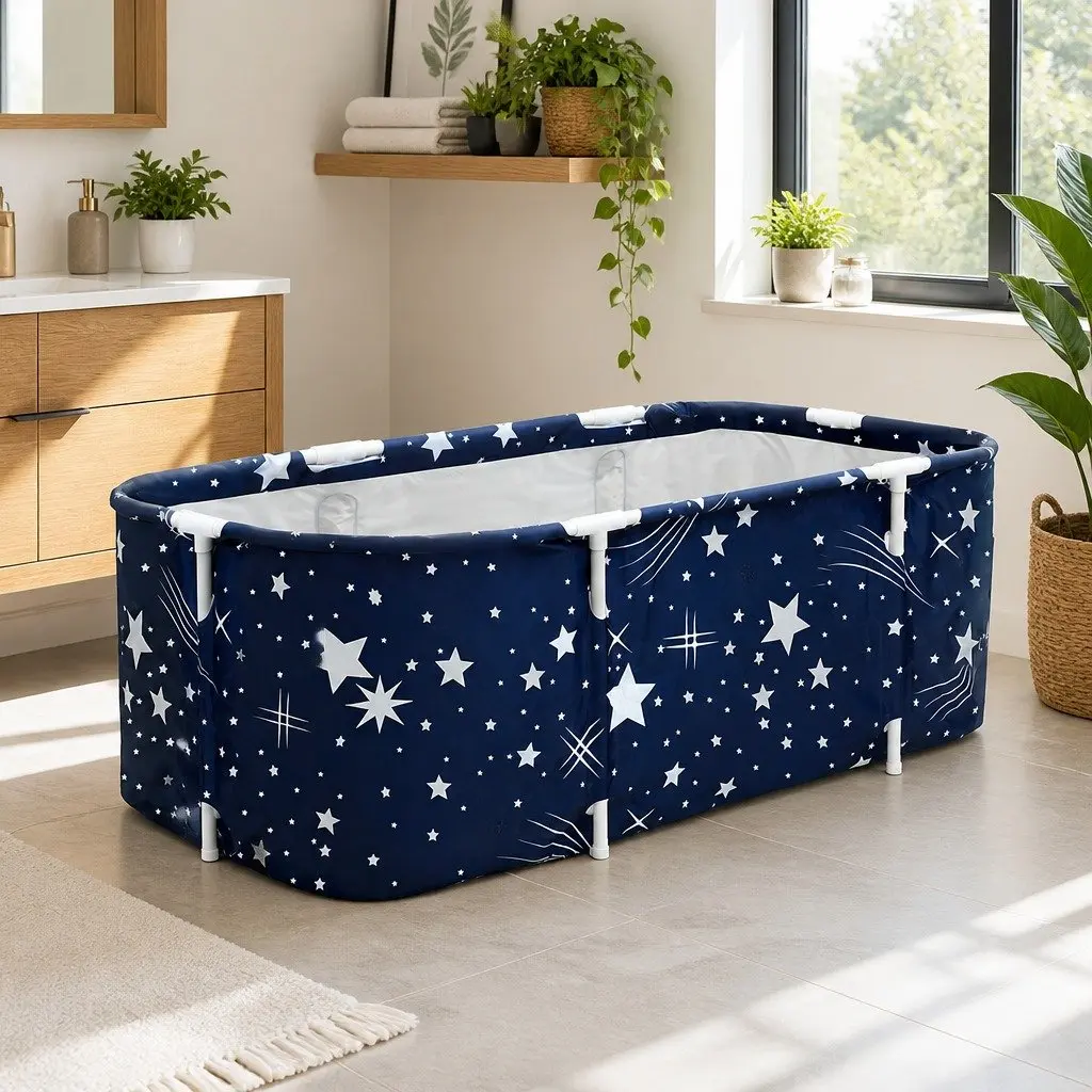 Foldable Bathtub Navy Blue 134x65cm Extra-Large Capacity Inflatable Spa Bucket Indoor Outdoor