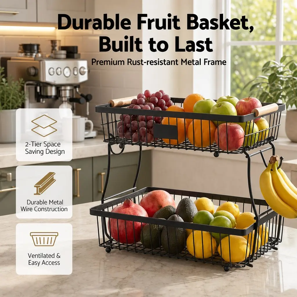 2-Tier Fruit Basket Bowl Detachable Kitchen Food Storage Stand with Banana
