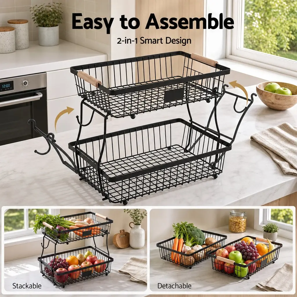 2-Tier Fruit Basket Bowl Detachable Kitchen Food Storage Stand with Banana