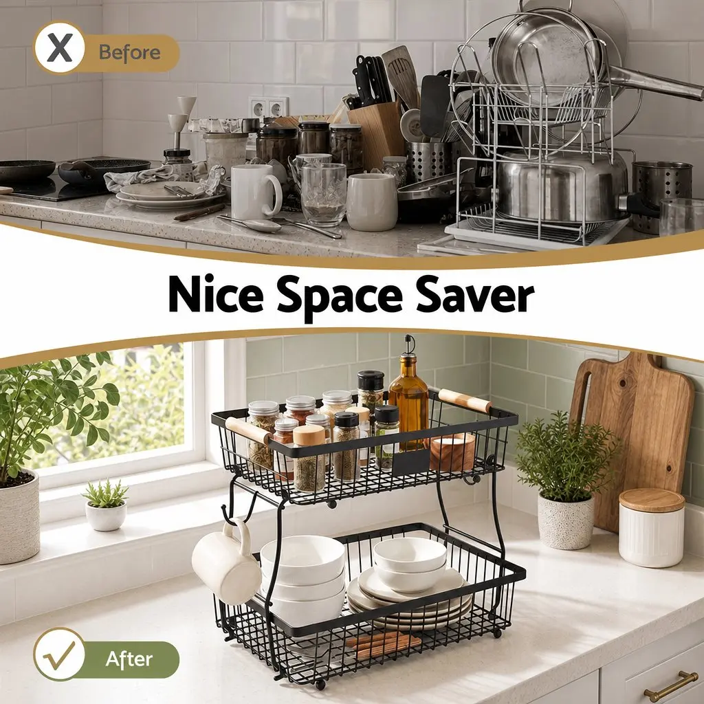 2-Tier Fruit Basket Bowl Detachable Kitchen Food Storage Stand with Banana
