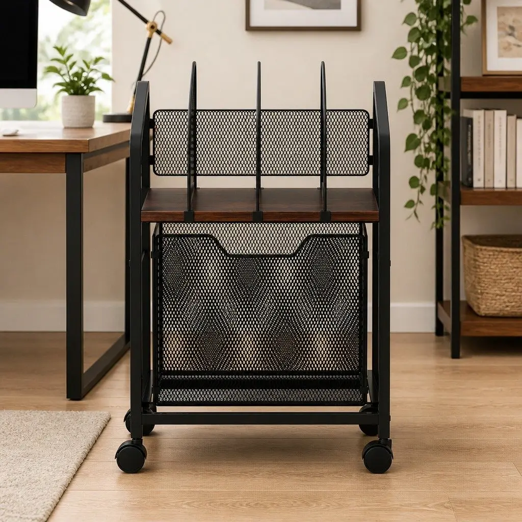 Mobile Filing Cabinet Black Compact Rolling Locking Wheels Solid Wood Top