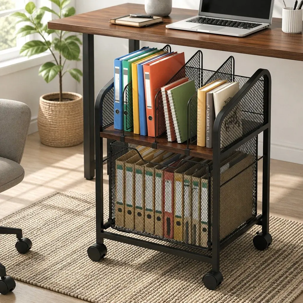 Mobile Filing Cabinet Black Compact Rolling Locking Wheels Solid Wood Top