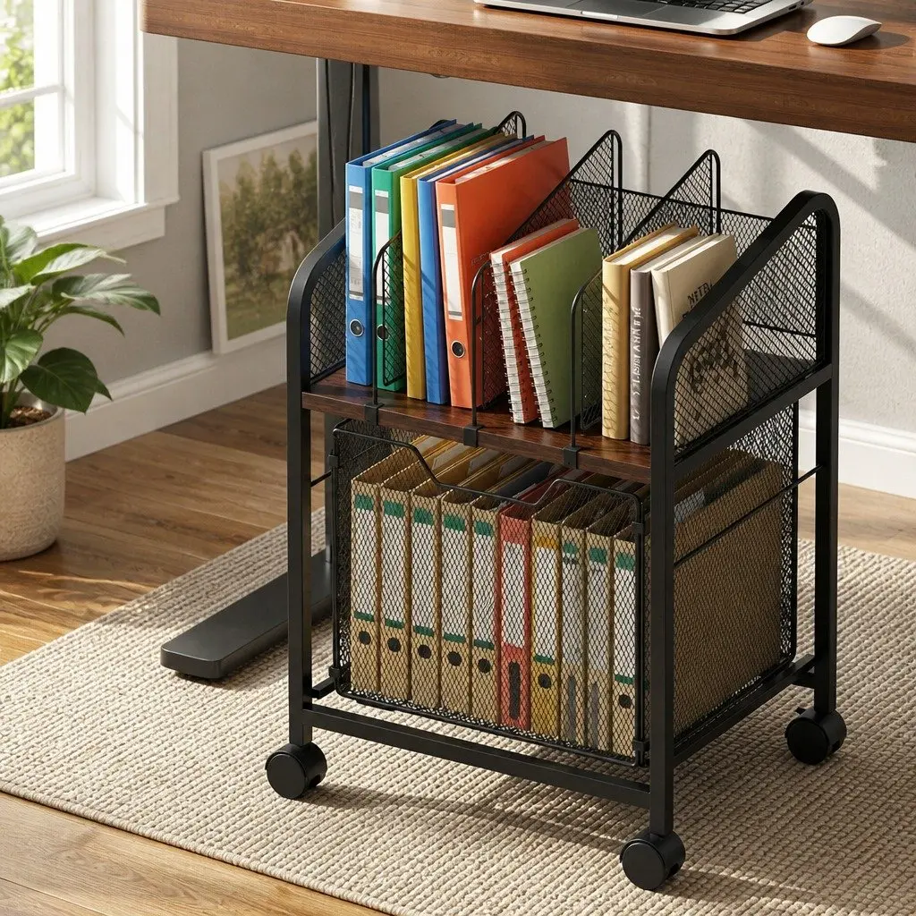 Mobile Filing Cabinet Black Compact Rolling Locking Wheels Solid Wood Top