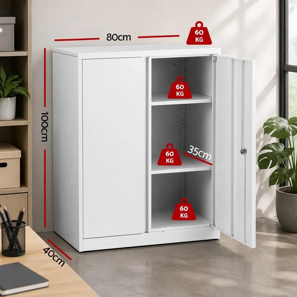 Steel Filing Cabinet White 80cm x 40cm x 100cm 3-Point Lock Adjustable Shelves