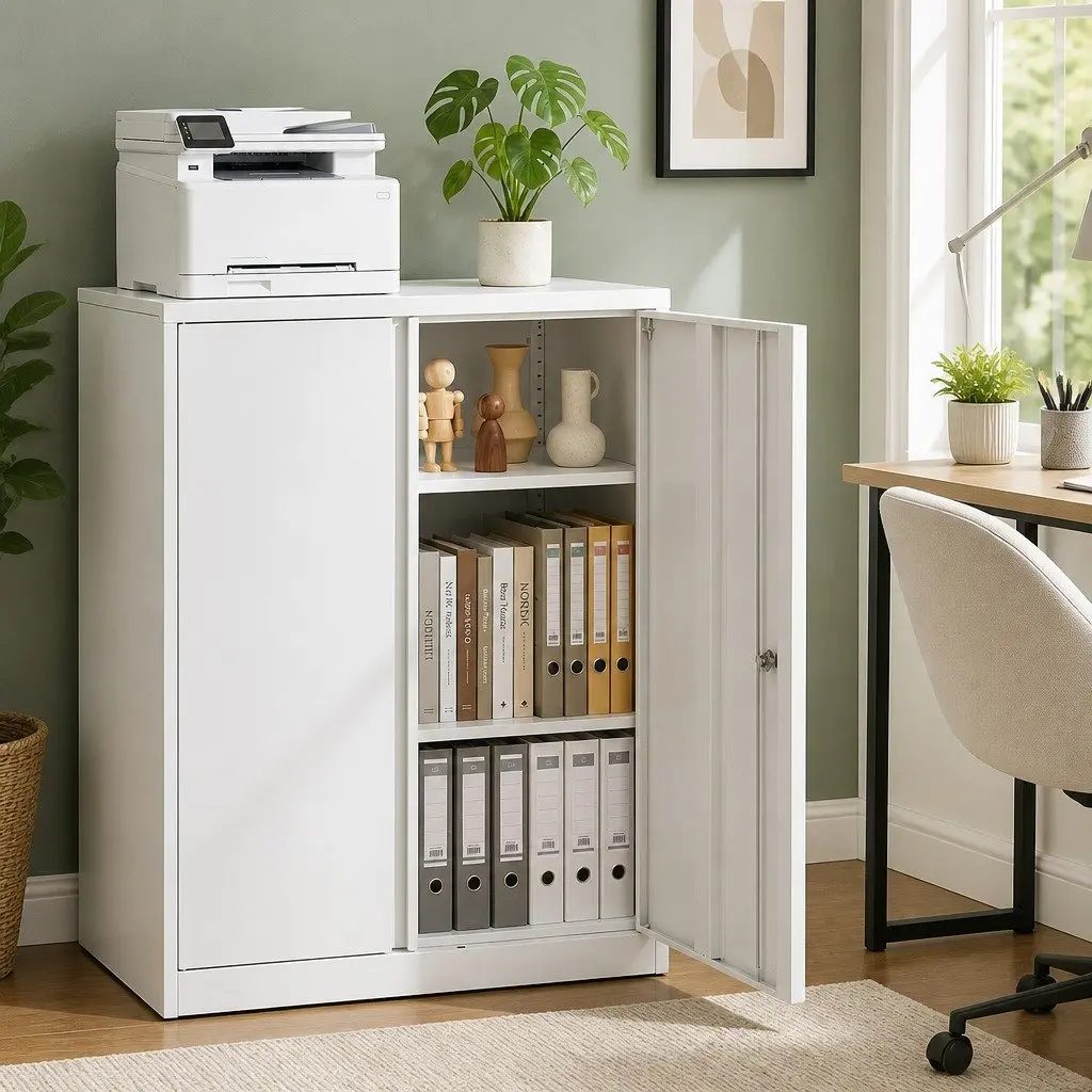Steel Filing Cabinet White 80cm x 40cm x 100cm 3-Point Lock Adjustable Shelves