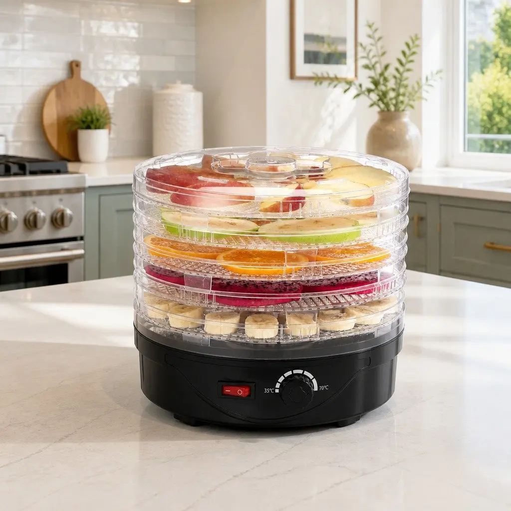 5 Tray Food Dehydrator Black Adjustable Temperature 35°C to 70°C 360 Degree Heat Cycling System