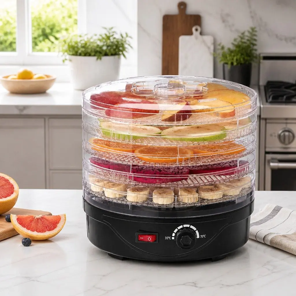 5 Tray Food Dehydrator Black Adjustable Temperature 35°C to 70°C 360 Degree Heat Cycling System