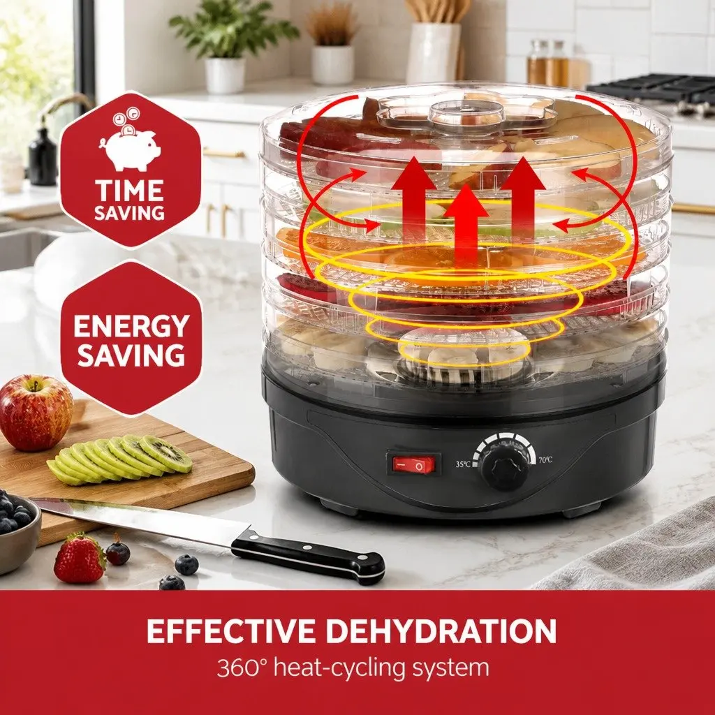 5 Tray Food Dehydrator Black Adjustable Temperature 35°C to 70°C 360 Degree Heat Cycling System