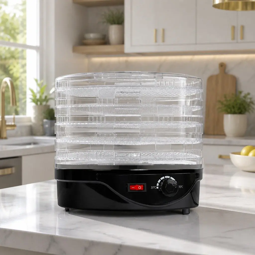 5 Tray Food Dehydrator Black Adjustable Temperature 35°C to 70°C 360 Degree Heat Cycling System