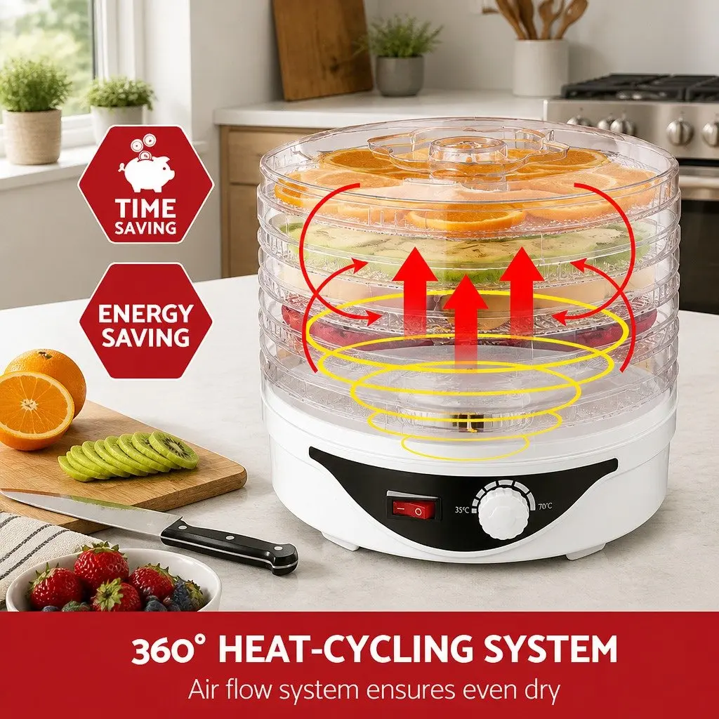 Food Dehydrator White 5 Tray Adjustable Temperature 360 Degree Heat Cycling System