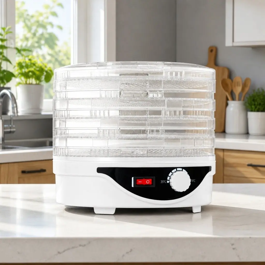Food Dehydrator White 5 Tray Adjustable Temperature 360 Degree Heat Cycling System