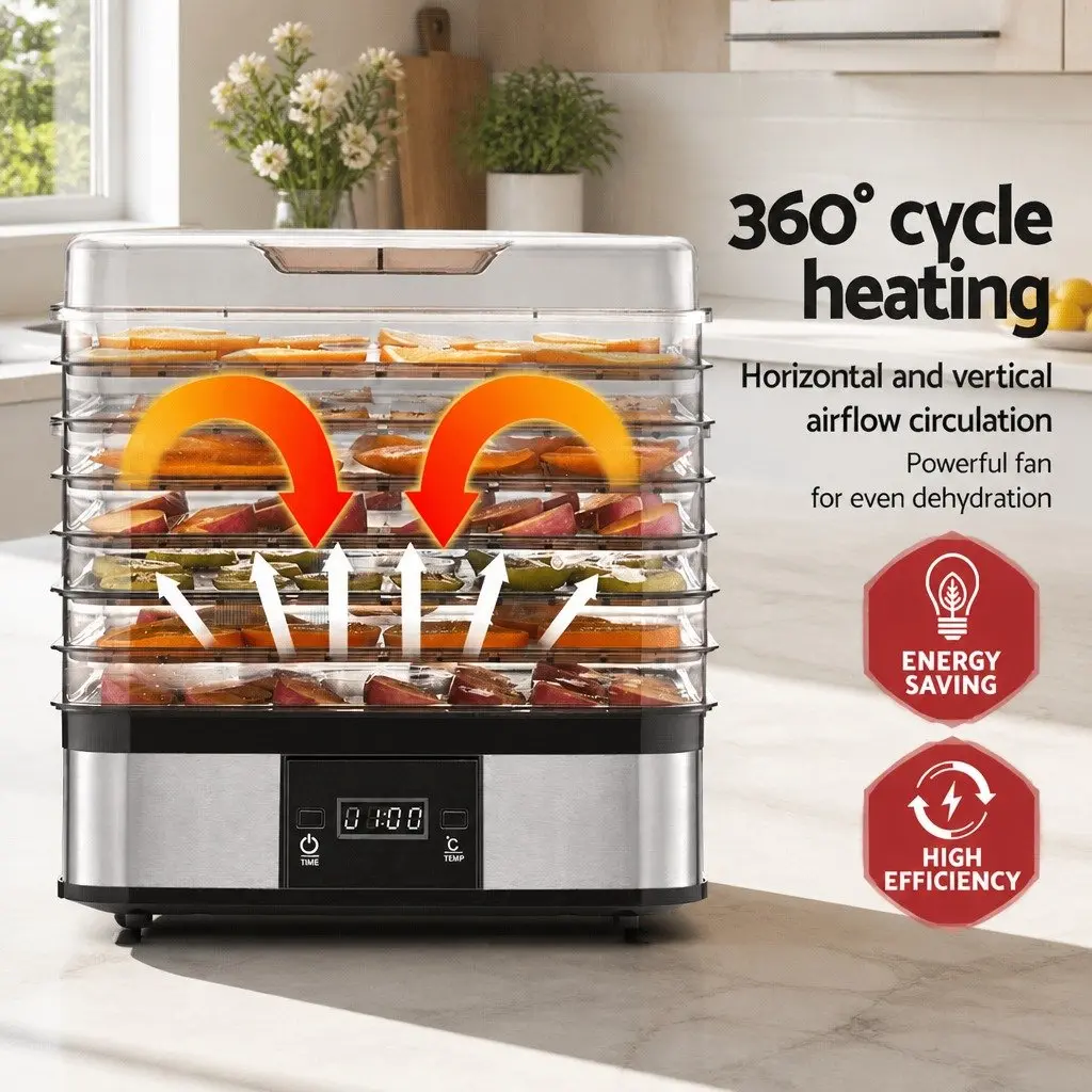 7 Tray Food Dehydrator Silver LCD Display Temperature Control Timer