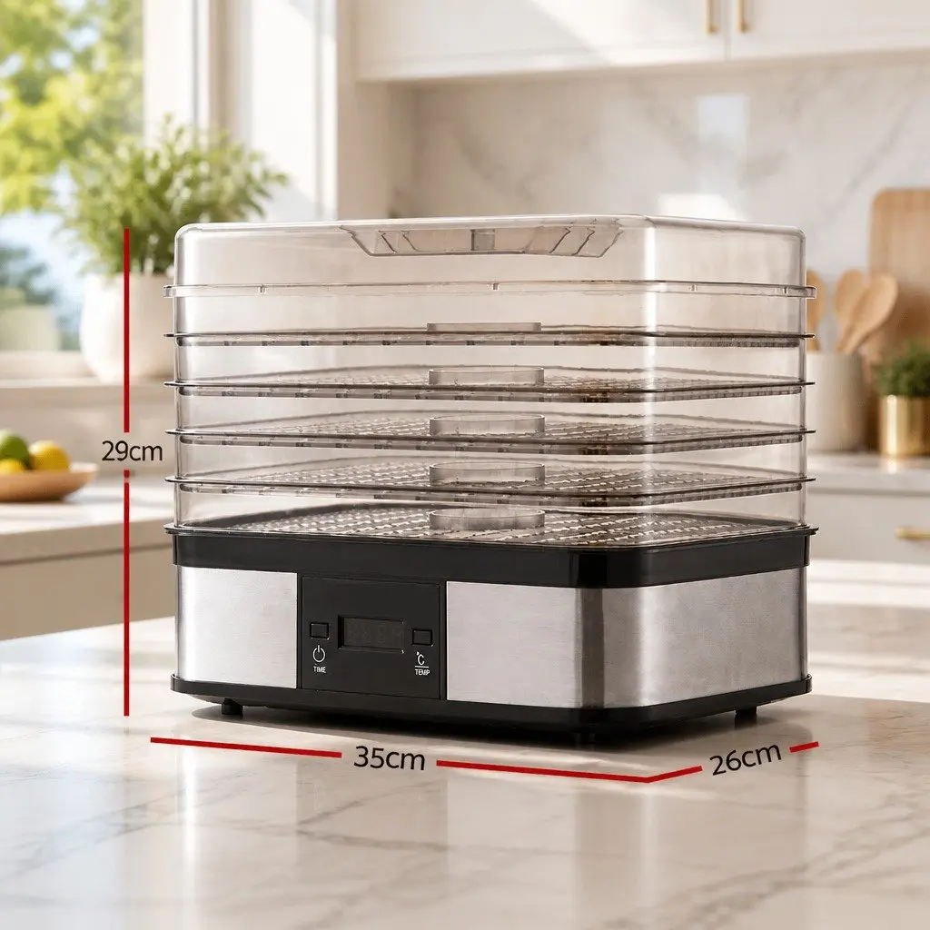 5 Tray Food Dehydrator Silver Stainless Steel LCD Display Temperature Control Timer