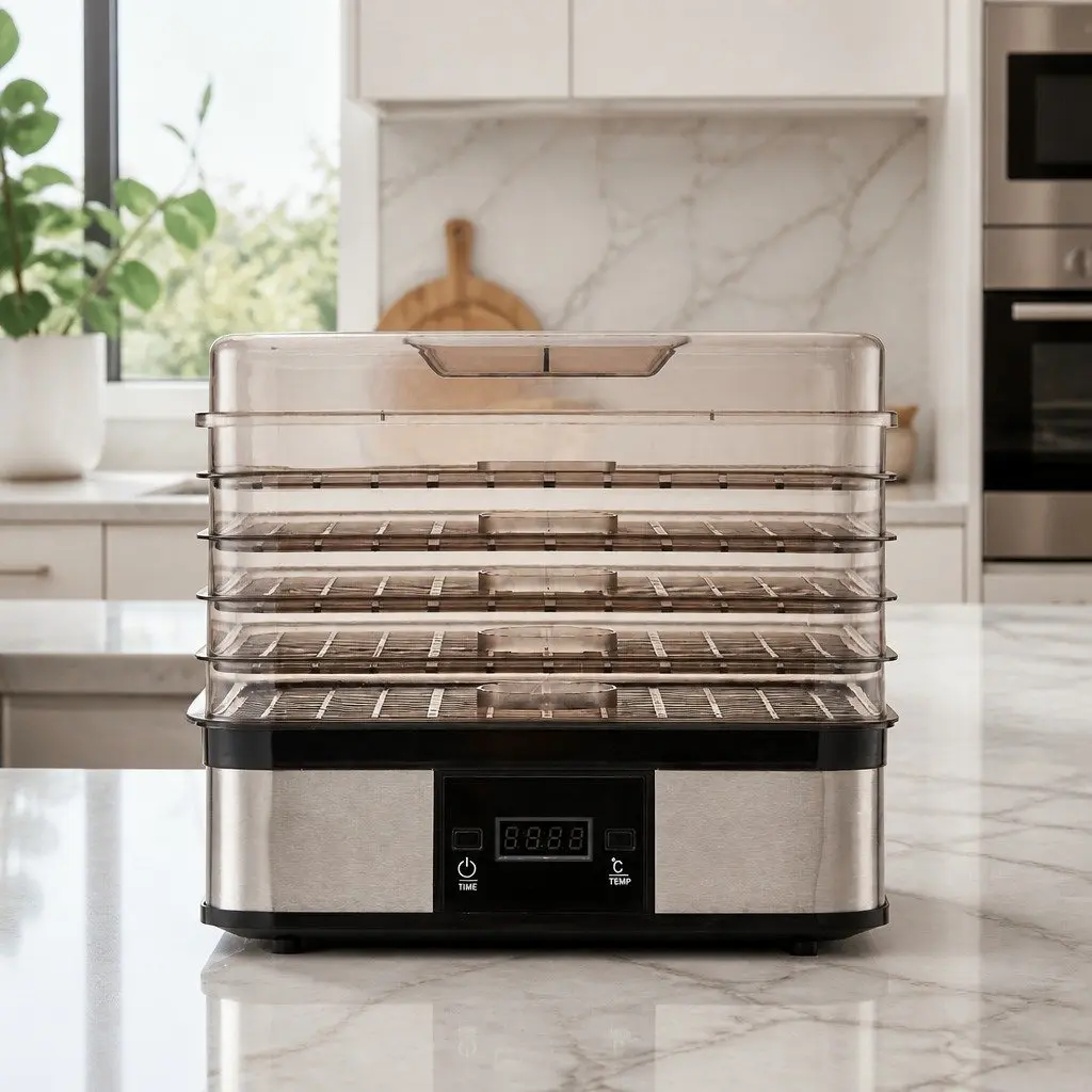 5 Tray Food Dehydrator Silver Stainless Steel LCD Display Temperature Control Timer