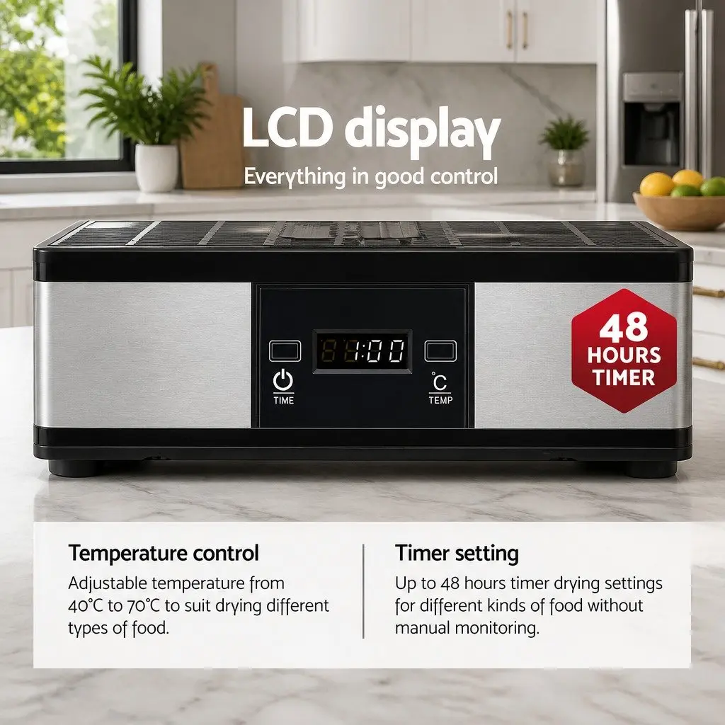5 Tray Food Dehydrator Silver Stainless Steel LCD Display Temperature Control Timer
