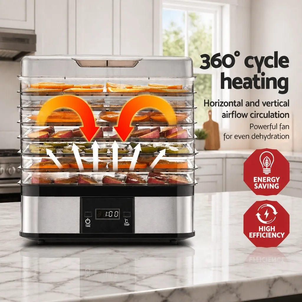 5 Tray Food Dehydrator Silver Stainless Steel LCD Display Temperature Control Timer