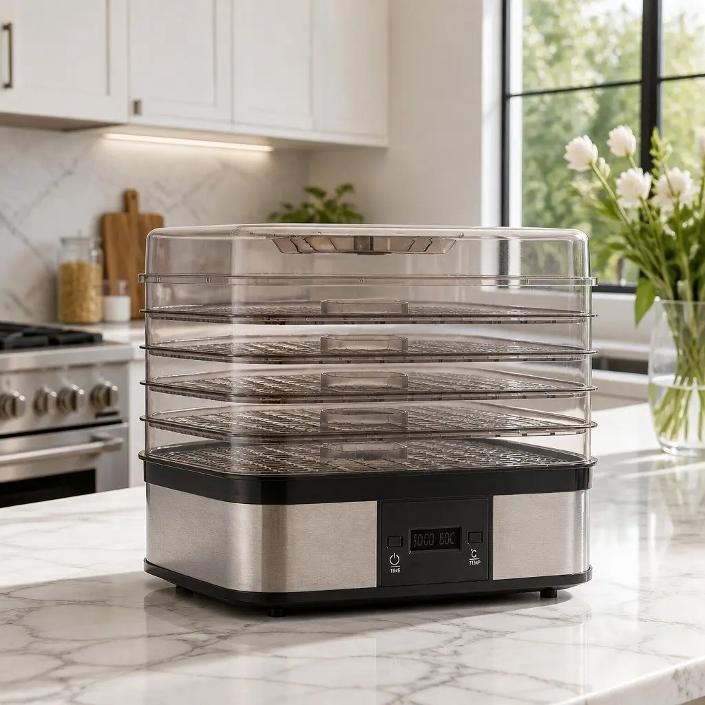 5 Tray Food Dehydrator Silver Stainless Steel LCD Display Temperature Control Timer