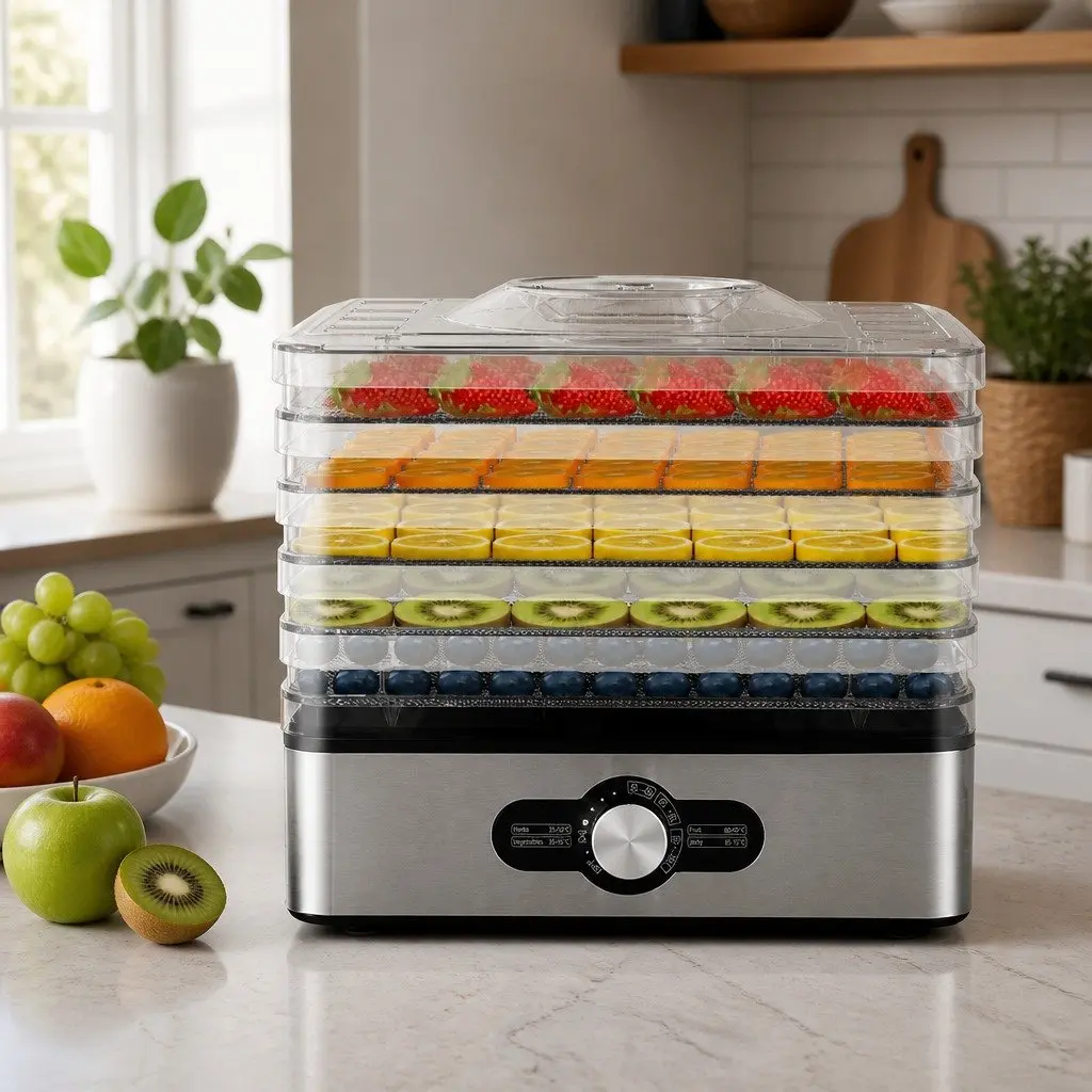 Food Dehydrator Silver 5 Trays Adjustable Temperature 360 Degree Airflow