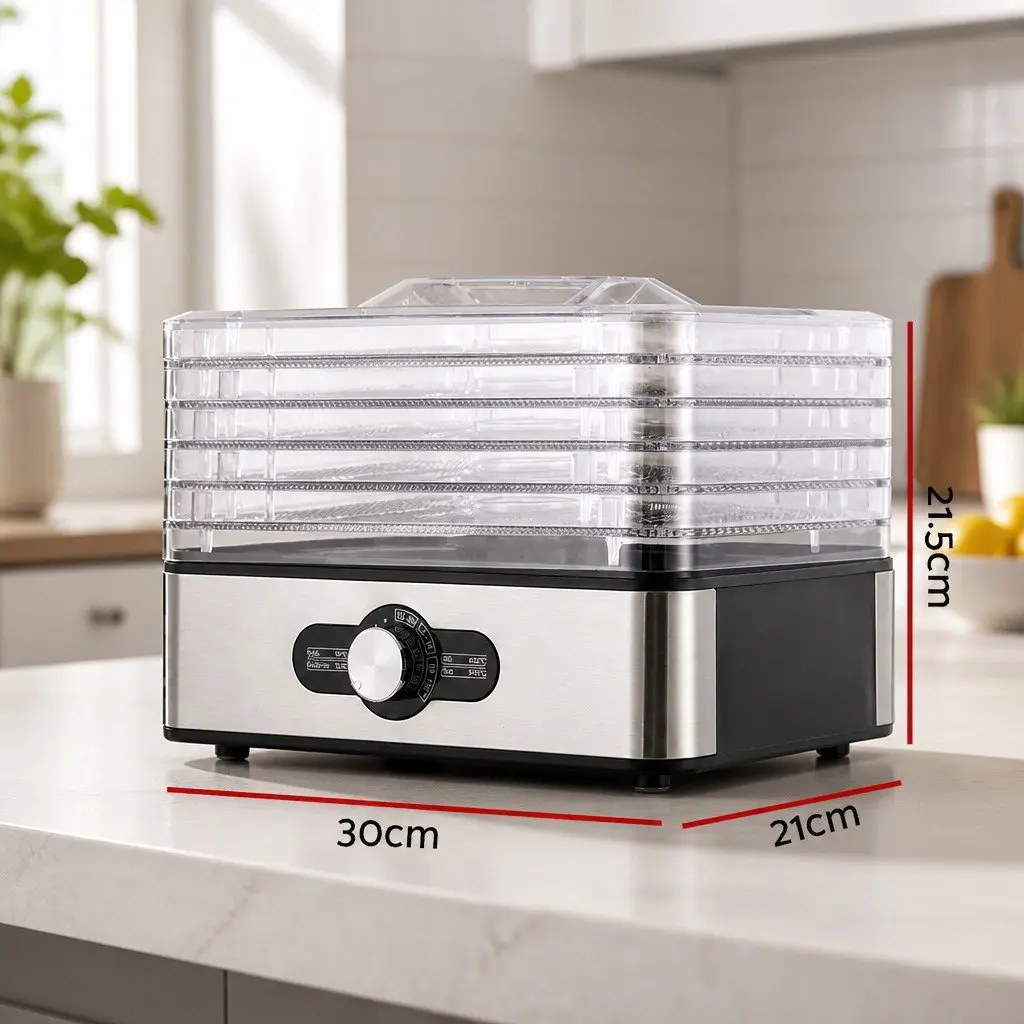 Food Dehydrator Silver 5 Trays Adjustable Temperature 360 Degree Airflow