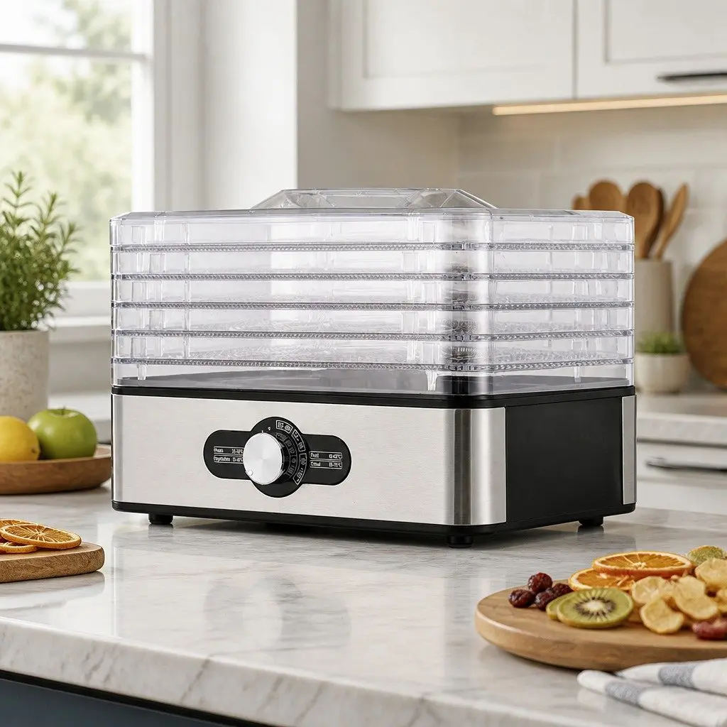 Food Dehydrator Silver 5 Trays Adjustable Temperature 360 Degree Airflow