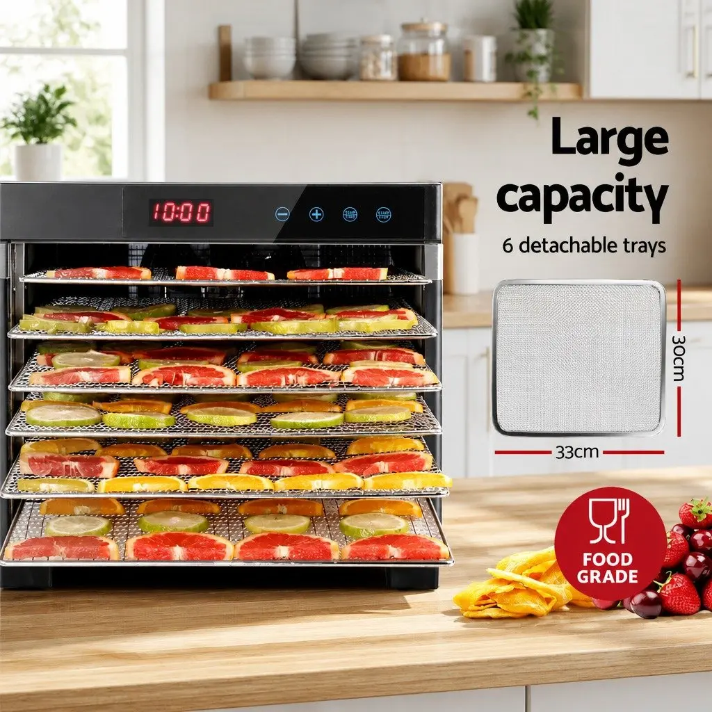 Food Dehydrator Silver 6 Trays LCD Touch Control Digital Temperature