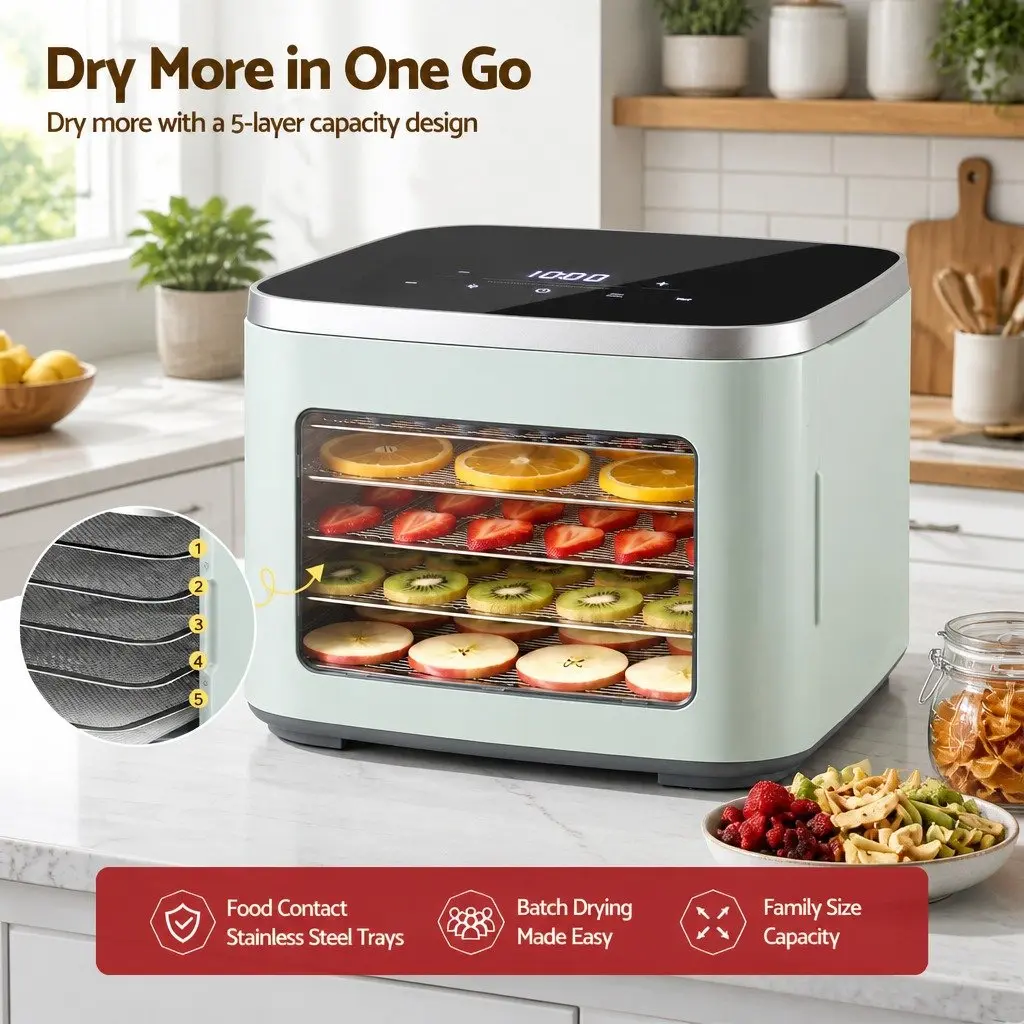 Food Dehydrator Machine 5 Tray Mini Fruit Dryer Maker Green LED Touch Control