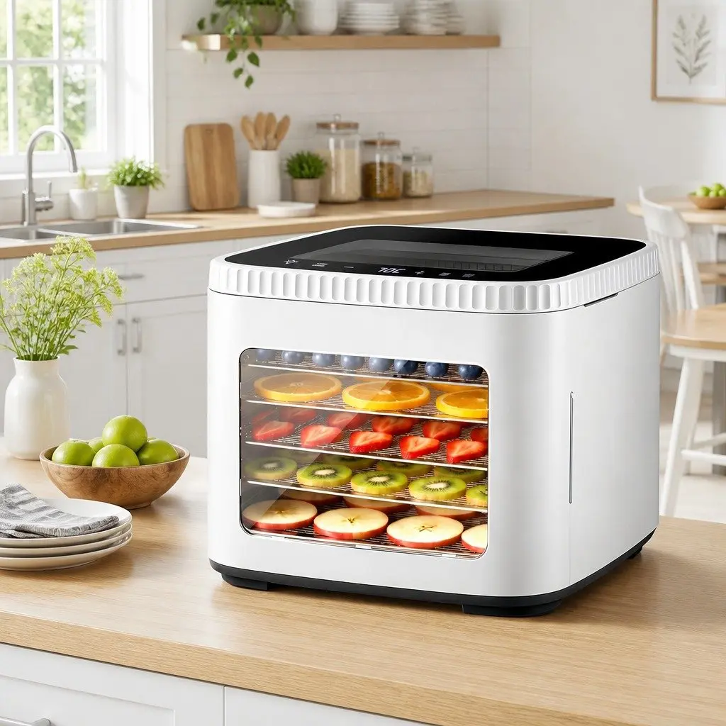 Food Dehydrator Machine White 5 Tray Compact Benchtop with LED Touch Control Adjustable Temperature Timer and Viewing Window