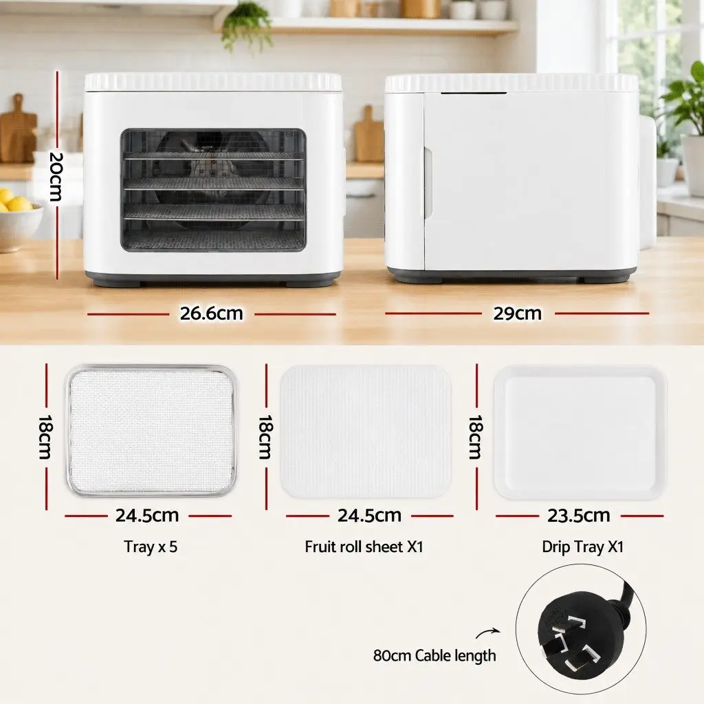Food Dehydrator Machine White 5 Tray Compact Benchtop with LED Touch Control Adjustable Temperature Timer and Viewing Window