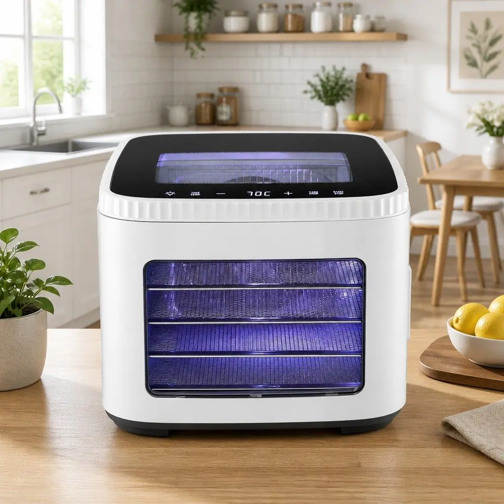 Food Dehydrator Machine White 5 Tray Compact Benchtop with LED Touch Control Adjustable Temperature Timer and Viewing Window