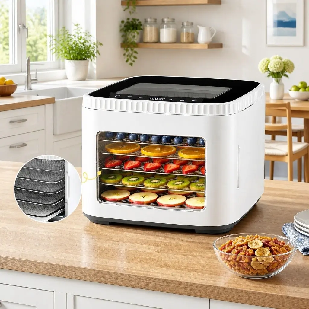 Food Dehydrator Machine White 5 Tray Compact Benchtop with LED Touch Control Adjustable Temperature Timer and Viewing Window