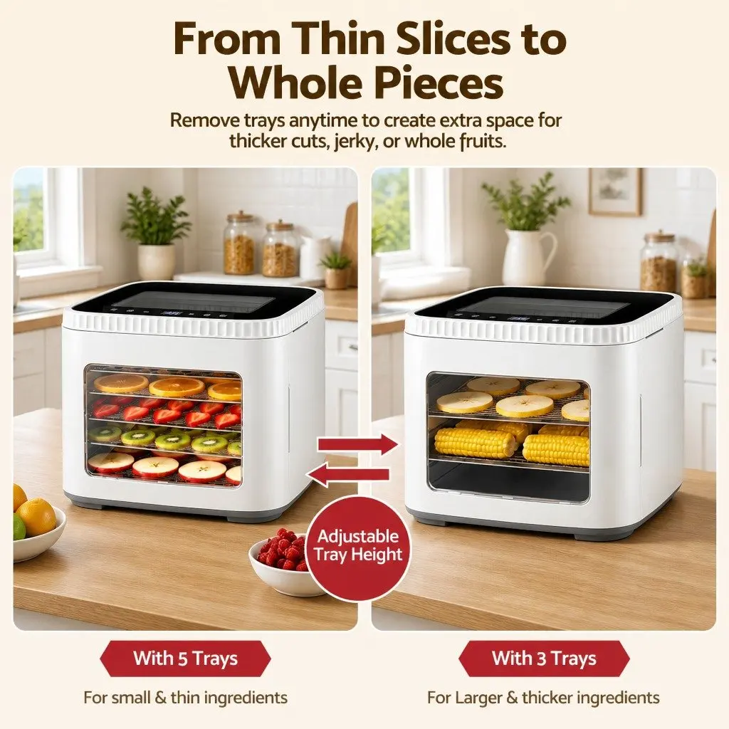 Food Dehydrator Machine White 5 Tray Compact Benchtop with LED Touch Control Adjustable Temperature Timer and Viewing Window