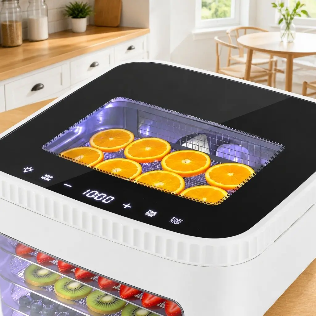 Food Dehydrator Machine White 5 Tray Compact Benchtop with LED Touch Control Adjustable Temperature Timer and Viewing Window