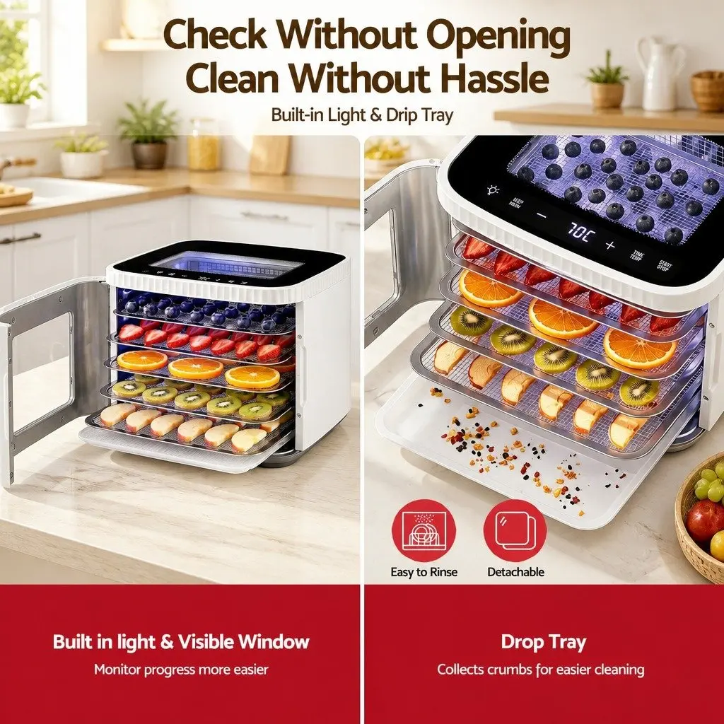 Food Dehydrator Machine White 5 Tray Compact Benchtop with LED Touch Control Adjustable Temperature Timer and Viewing Window