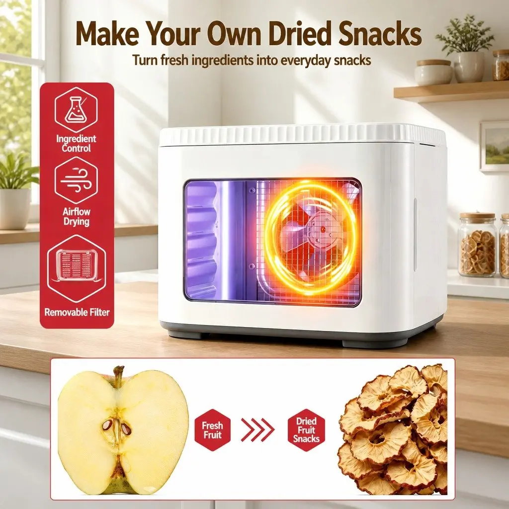 Food Dehydrator Machine White 5 Tray Compact Benchtop with LED Touch Control Adjustable Temperature Timer and Viewing Window