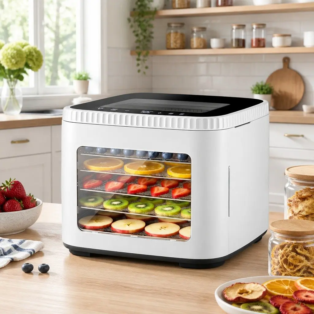 Food Dehydrator Machine White 5 Tray Compact Benchtop with LED Touch Control Adjustable Temperature Timer and Viewing Window