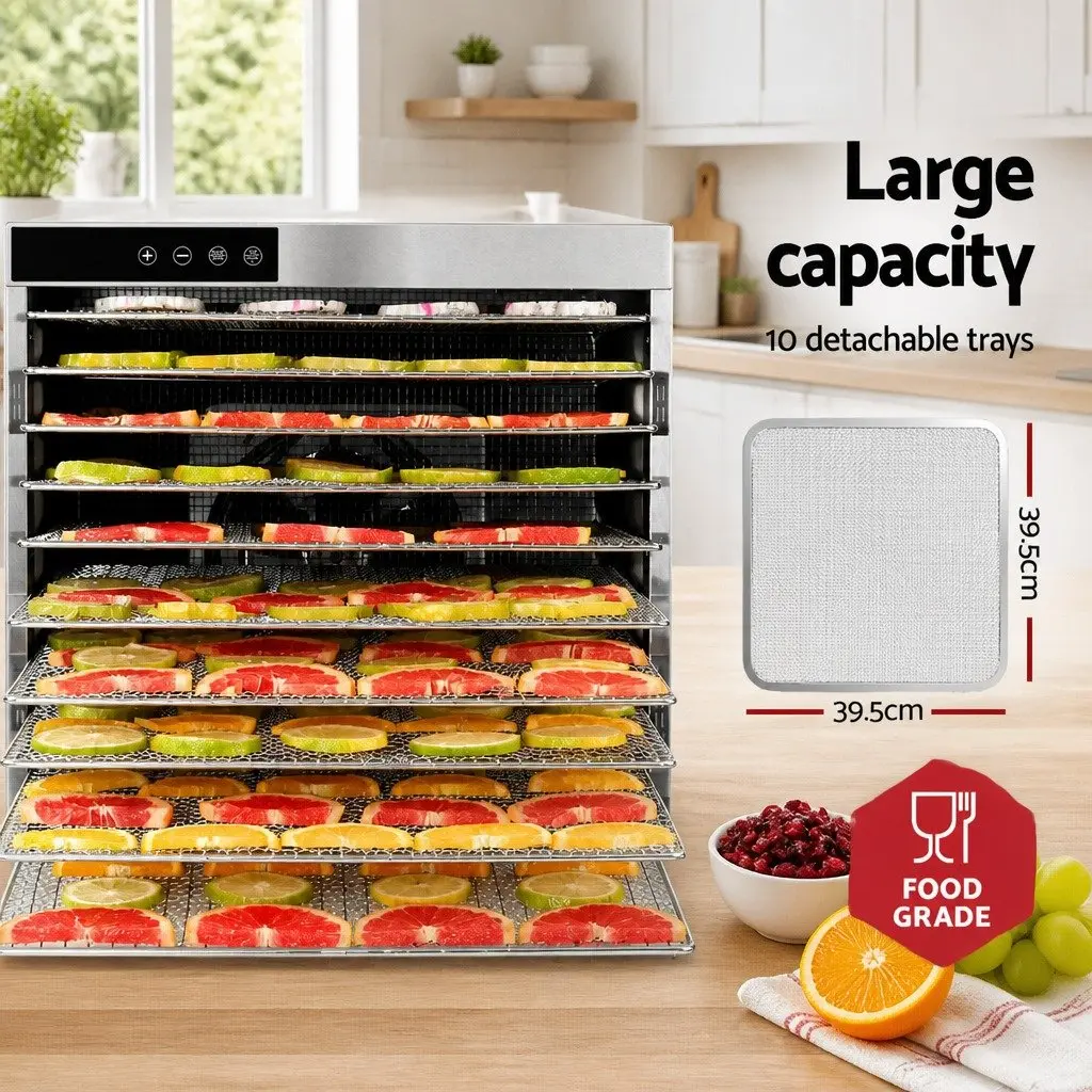 Food Dehydrator Silver 10 Trays Digital LCD Touch Control Adjustable Timer