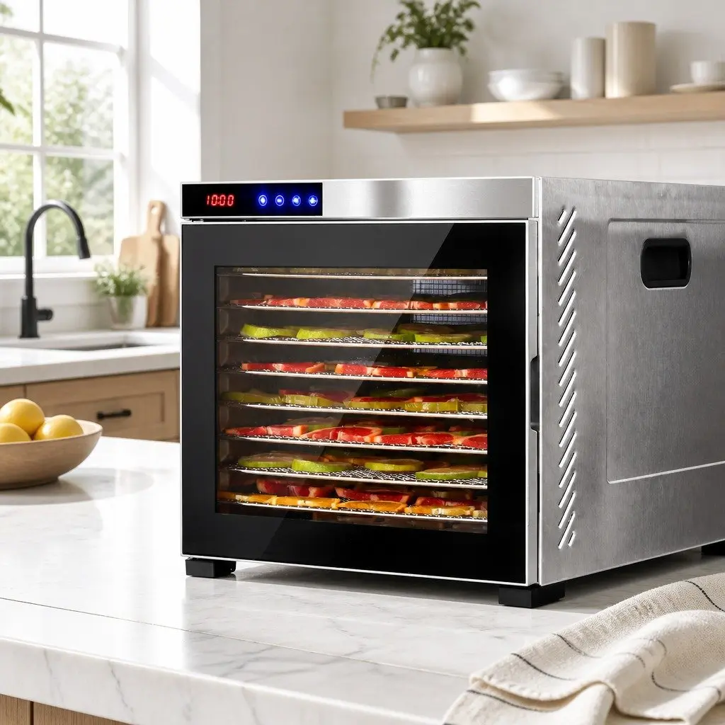 Food Dehydrator Silver 10 Trays Digital LCD Touch Control Adjustable Timer