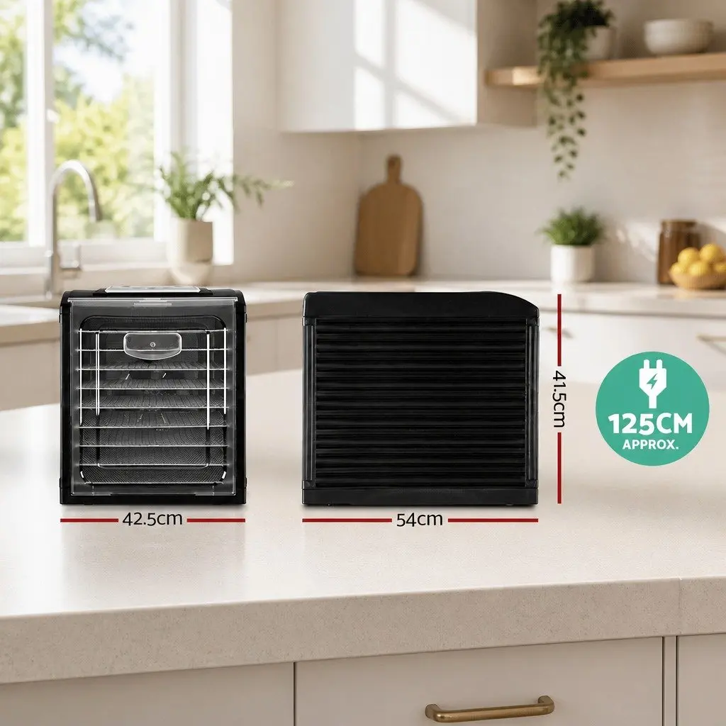 Food Dehydrator Black 9 Trays Stainless Steel Adjustable Temperature Control Timer Transparent Door