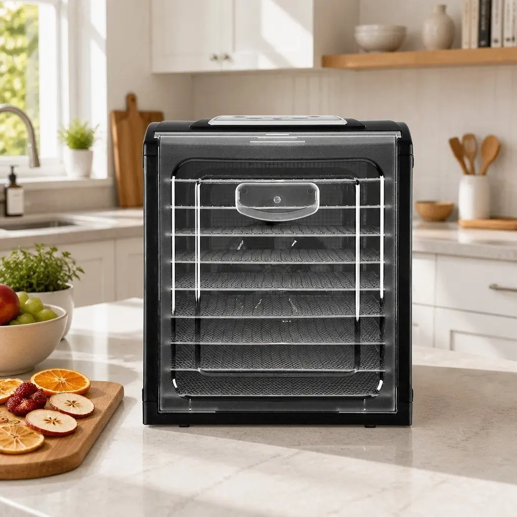 Food Dehydrator Black 9 Trays Stainless Steel Adjustable Temperature Control Timer Transparent Door