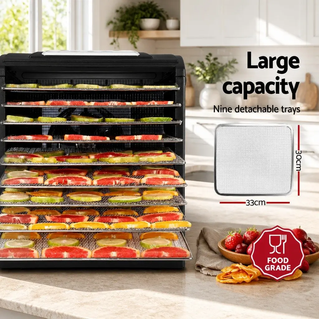 Food Dehydrator Black 9 Trays Stainless Steel Adjustable Temperature Control Timer Transparent Door