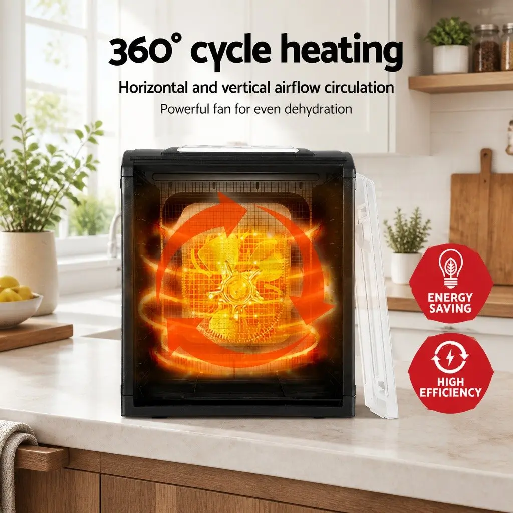 Food Dehydrator Black 9 Trays Stainless Steel Adjustable Temperature Control Timer Transparent Door