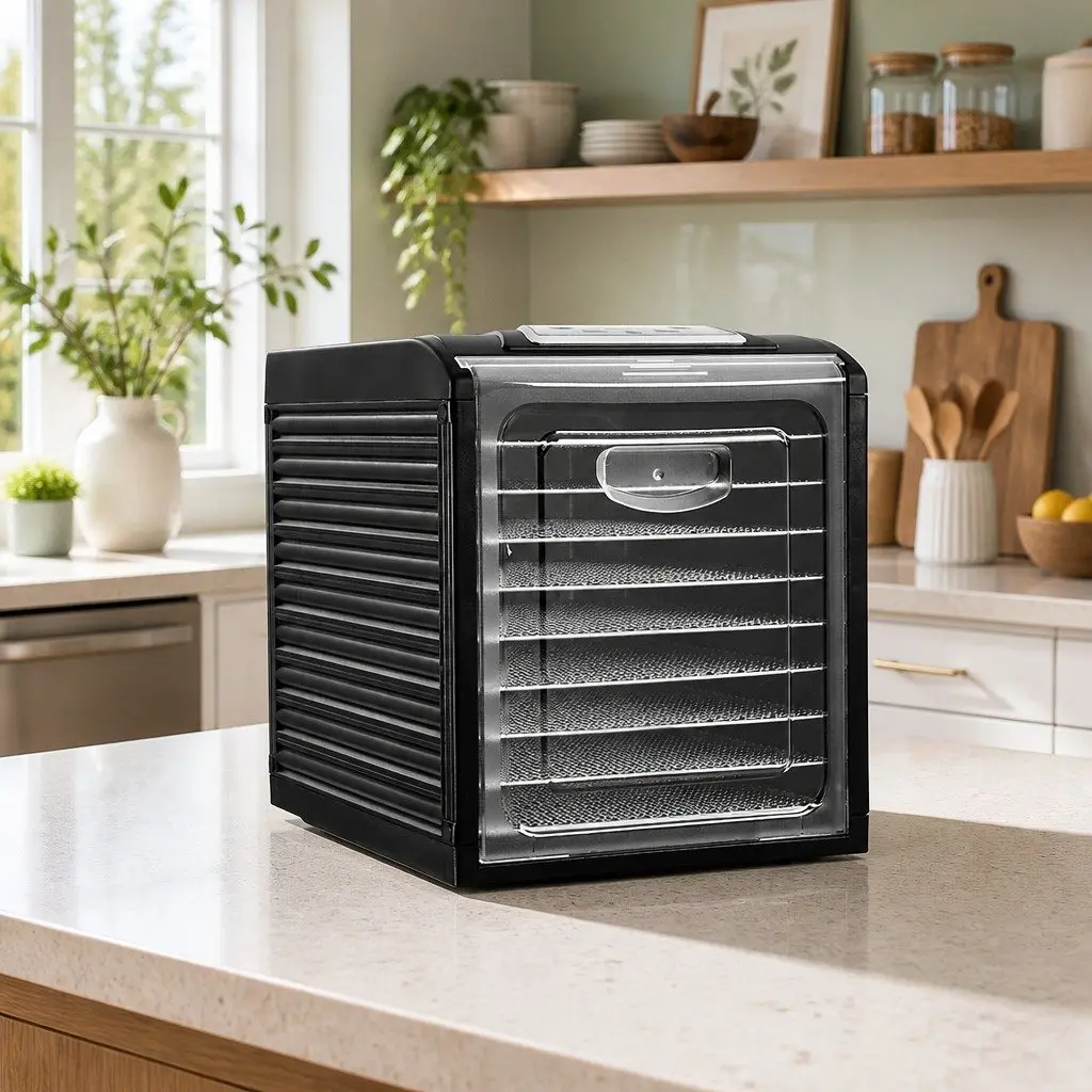 Food Dehydrator Black 9 Trays Stainless Steel Adjustable Temperature Control Timer Transparent Door
