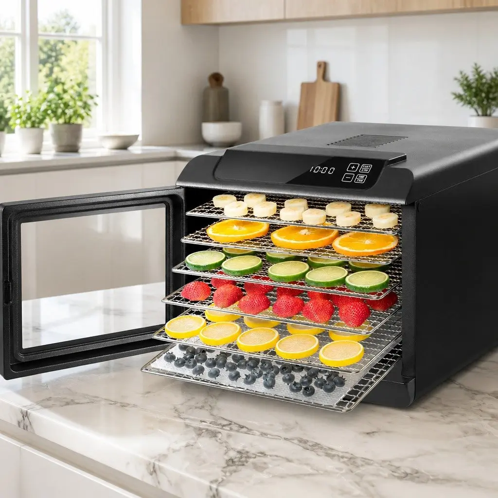Food Dehydrator Black 6 Trays Digital Temperature Control Adjustable Timer Transparent Door