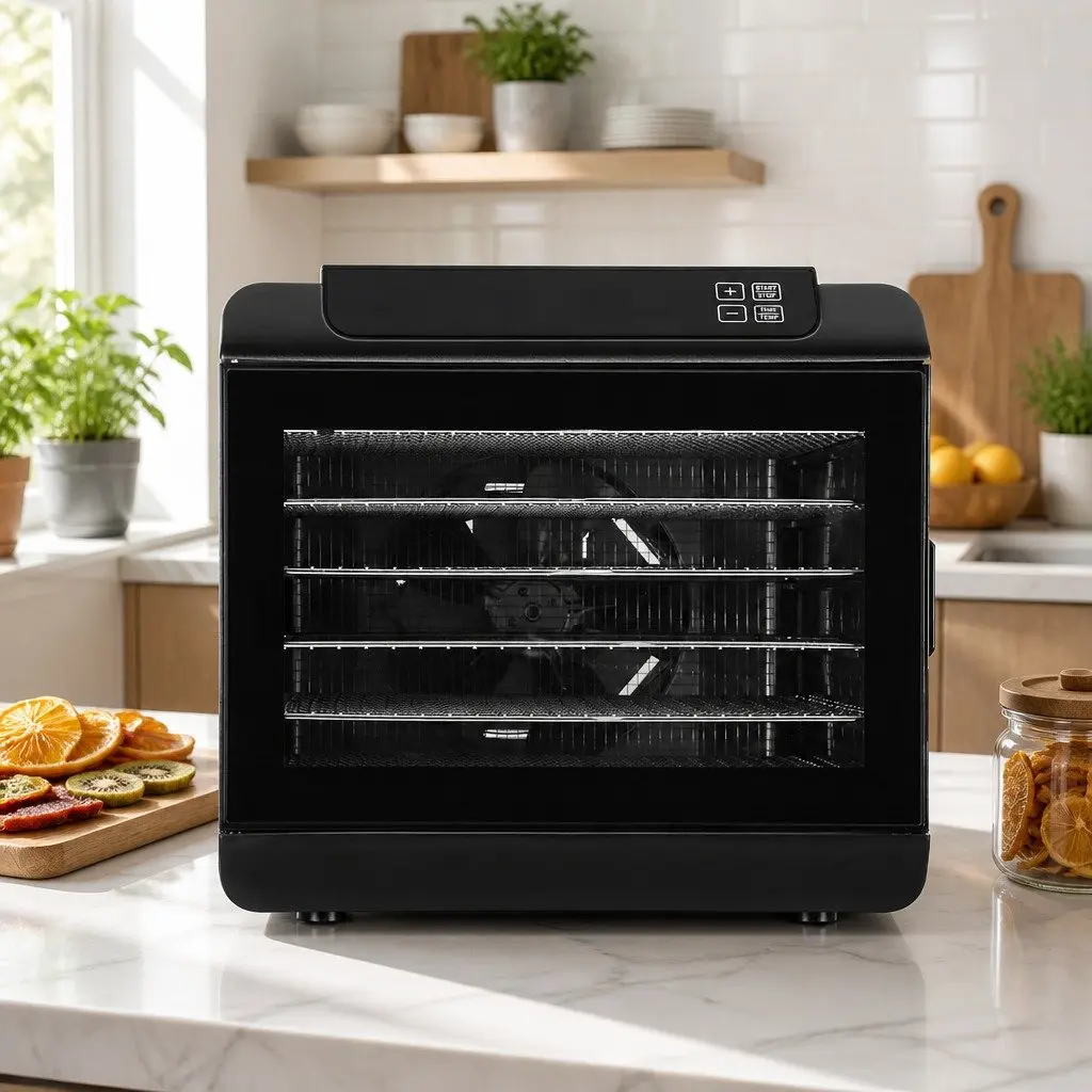 Food Dehydrator Black 6 Trays Digital Temperature Control Adjustable Timer Transparent Door