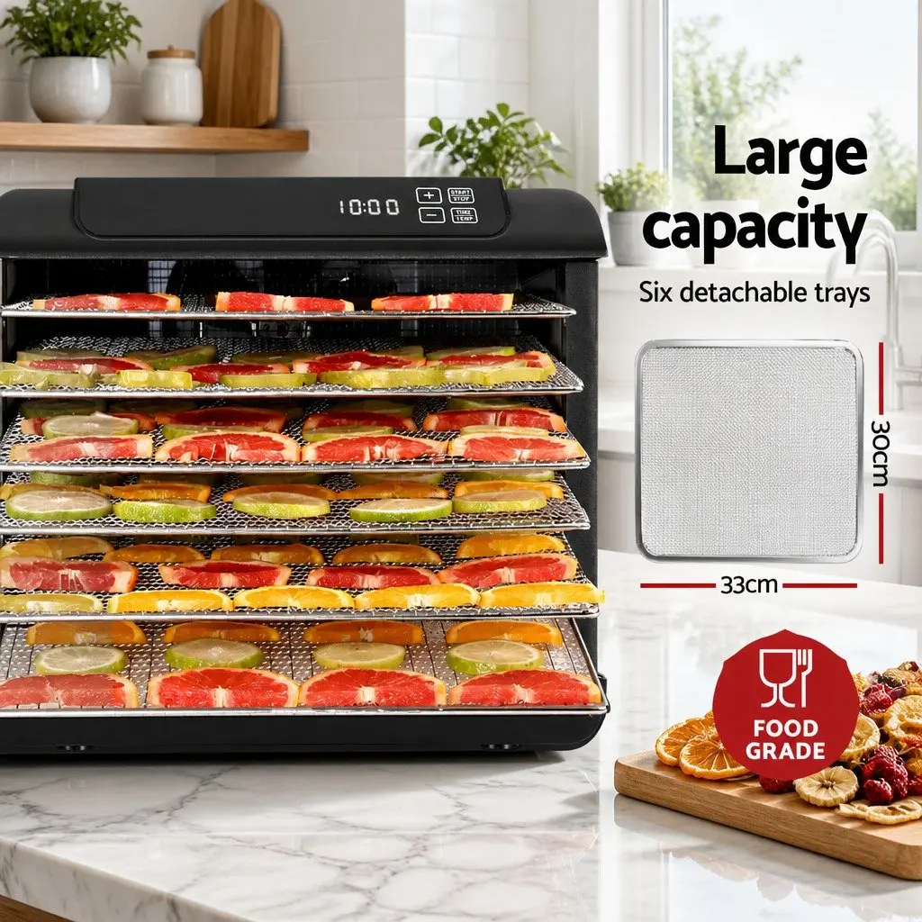 Food Dehydrator Black 6 Trays Digital Temperature Control Adjustable Timer Transparent Door