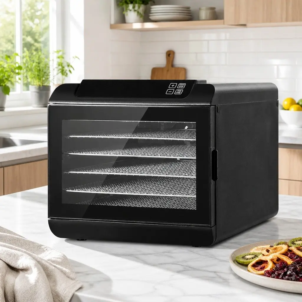 Food Dehydrator Black 6 Trays Digital Temperature Control Adjustable Timer Transparent Door